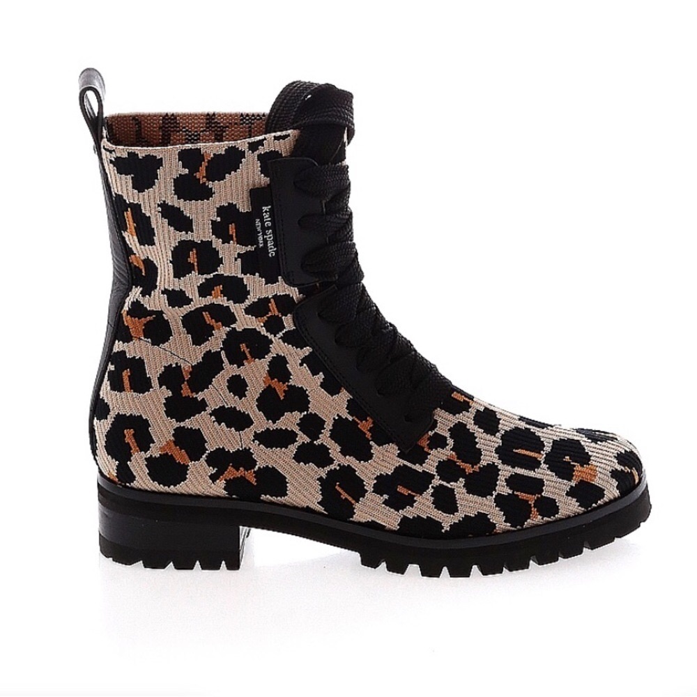Kate Spade Black and Tan Combat Moto Boots with Leopard Print